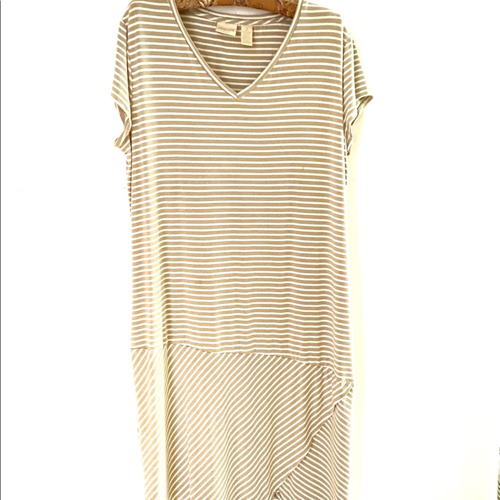 CHICOS sz 2 Cotton Dress Tan Stripes Flattering